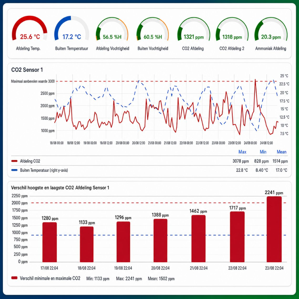 Stal Data Dashboard nachttemperatuur en luchtkwaliteit